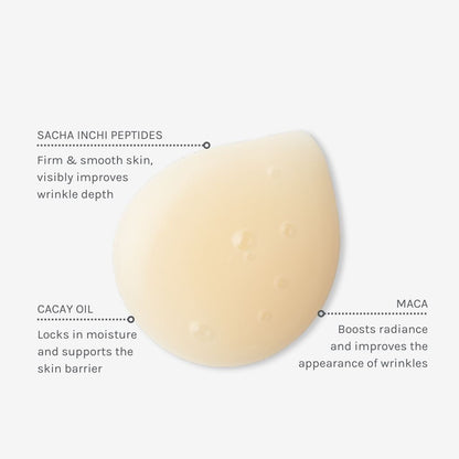 Cosmetic cream with text highlighting ingredients and their benefits on a white background