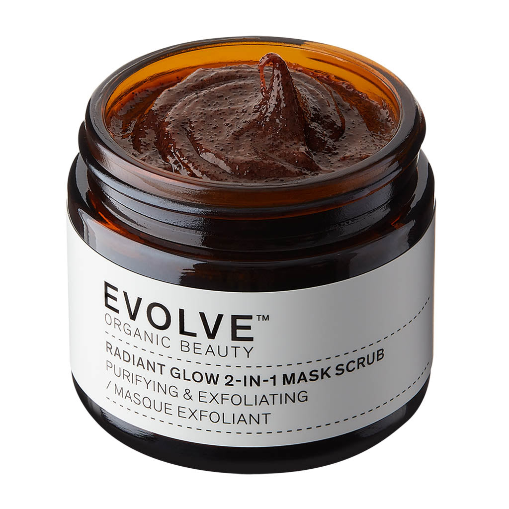 Jar of Evolve Organic Beauty Radiant Glow 2-in-1 Mask Scrub on a white background