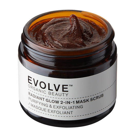 Jar of Evolve Organic Beauty Radiant Glow 2-in-1 Mask Scrub on a white background
