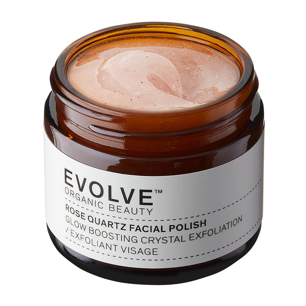 Jar of Evolve Organic Beauty Rose Quartz Facial Polish on a white background