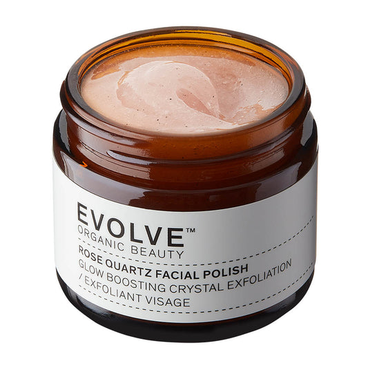 Jar of Evolve Organic Beauty Rose Quartz Facial Polish on a white background