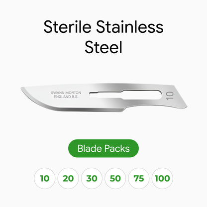 A single stainless steel surgical blade is shown on a light gray background with text reading 'Sterile Stainless Steel,' a green 'Blade Packs' label, and circular quantity indicators from 10 to 100.