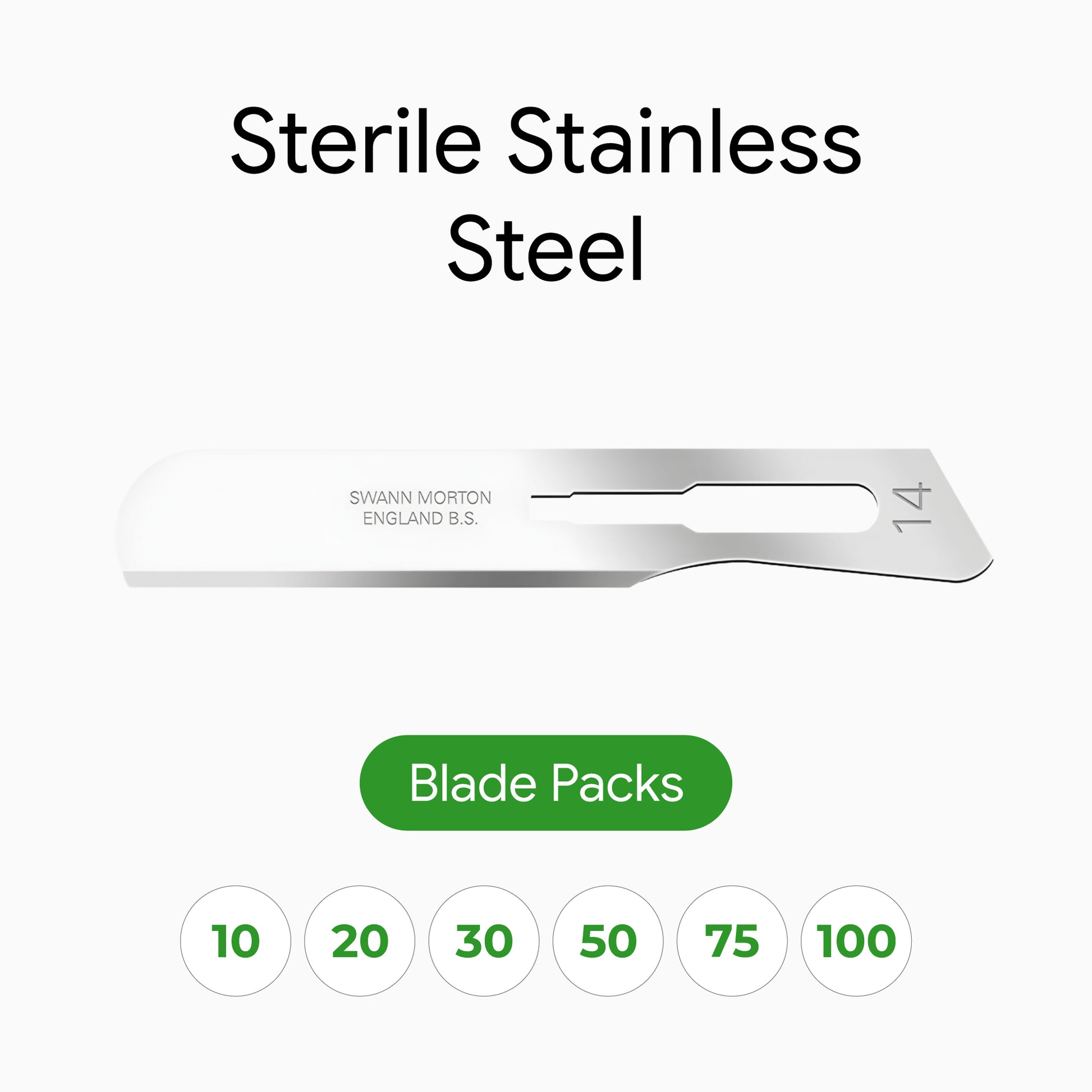 A single stainless steel surgical blade shown on a light gray background with the text 'Sterile Stainless Steel' above it and 'Blade Packs' plus quantity options below.