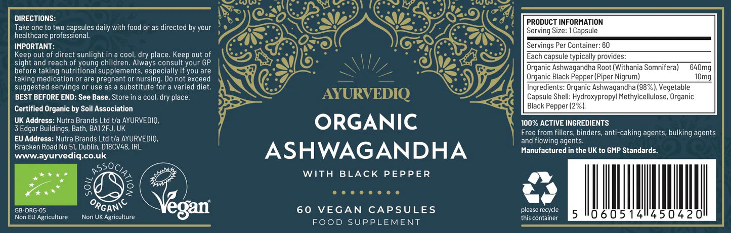 Ayurvediq Organic Ashwagandha & Black Pepper Extract Capsh 