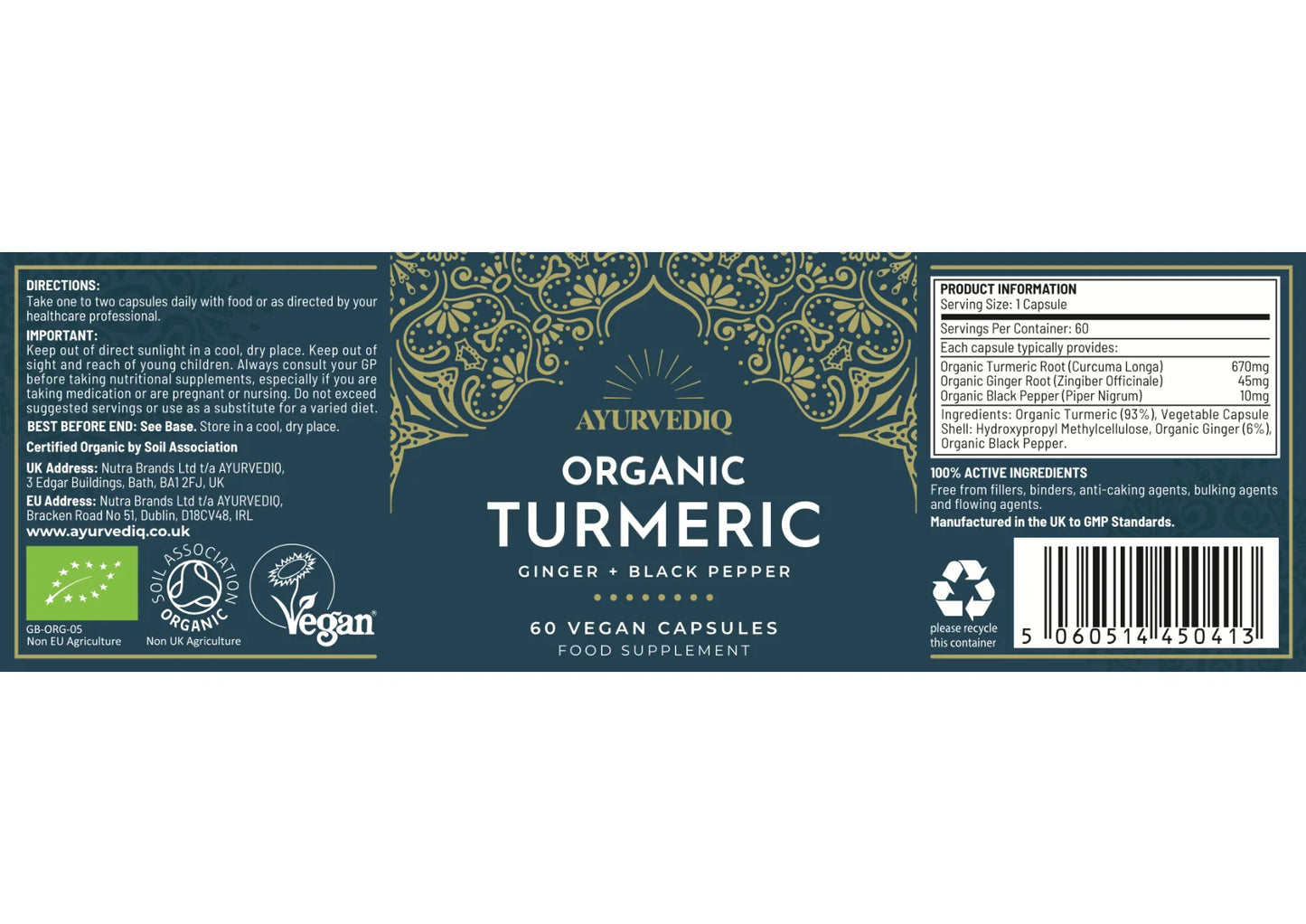 Ayurvediq Organic Turmeric, Ginger & Black Pepper Extract Caps 